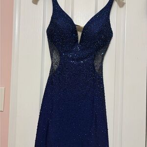 Faviana Navy Embellished Mini Dress